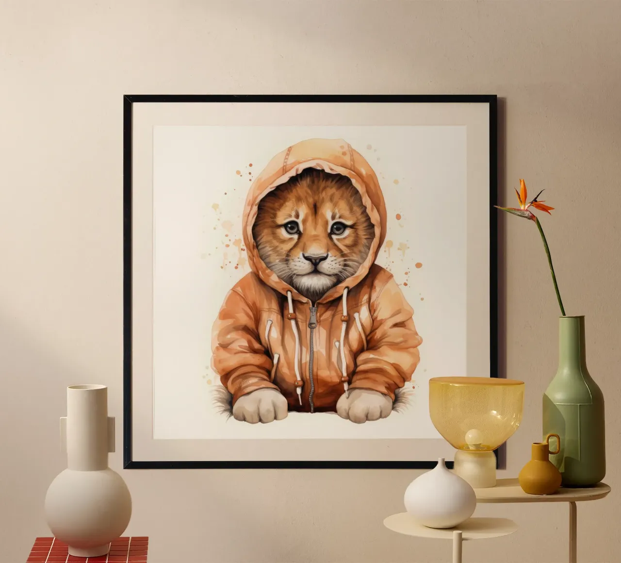 Leone acquerellato con felpa con cappuccio carta hahnemühle da Animal Portraits