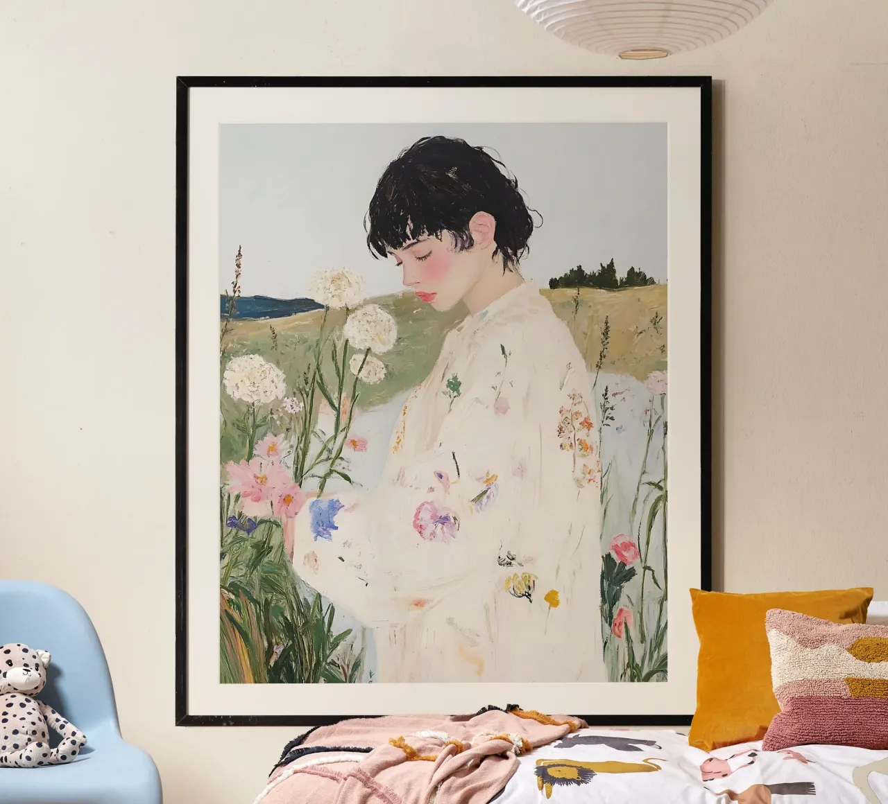 Femme dans un champ de fleurs, art floral abstrait de la nature poster de Little Lila