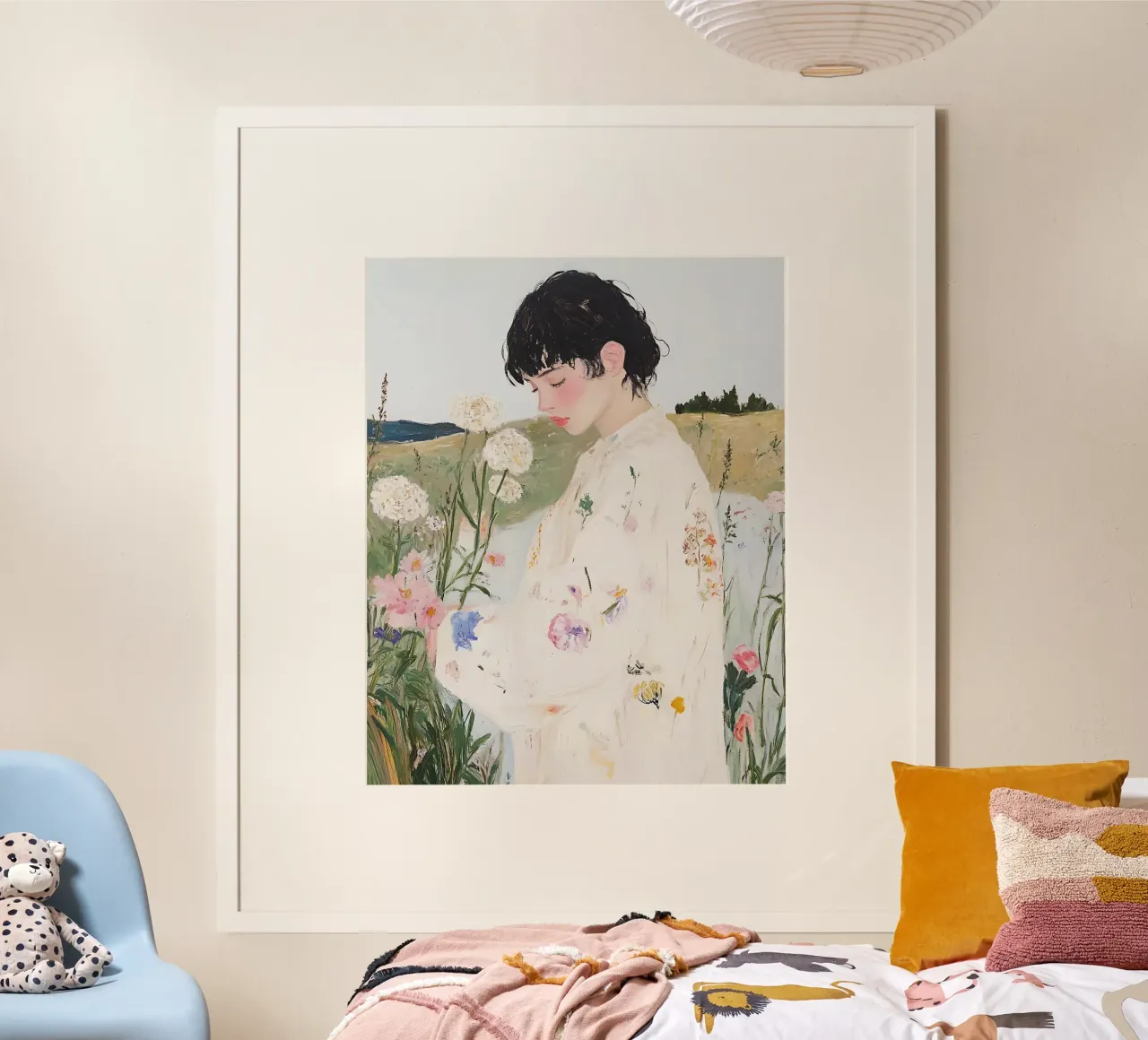 Femme dans un champ de fleurs, art floral abstrait de la nature poster de Little Lila