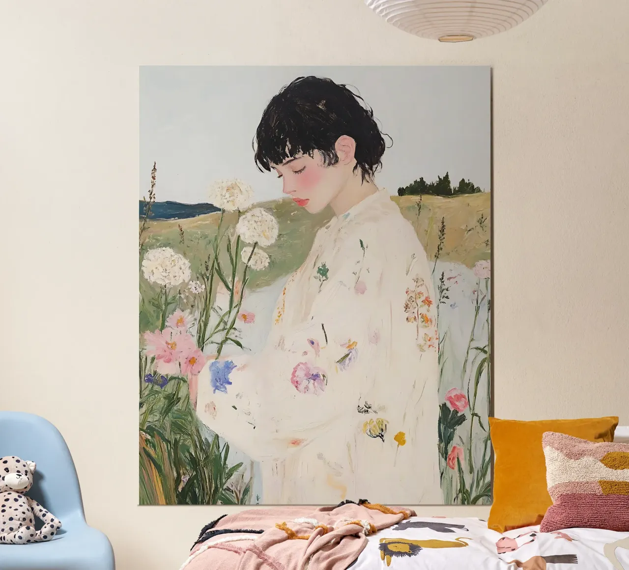 Femme dans un champ de fleurs, art floral abstrait de la nature poster de Little Lila
