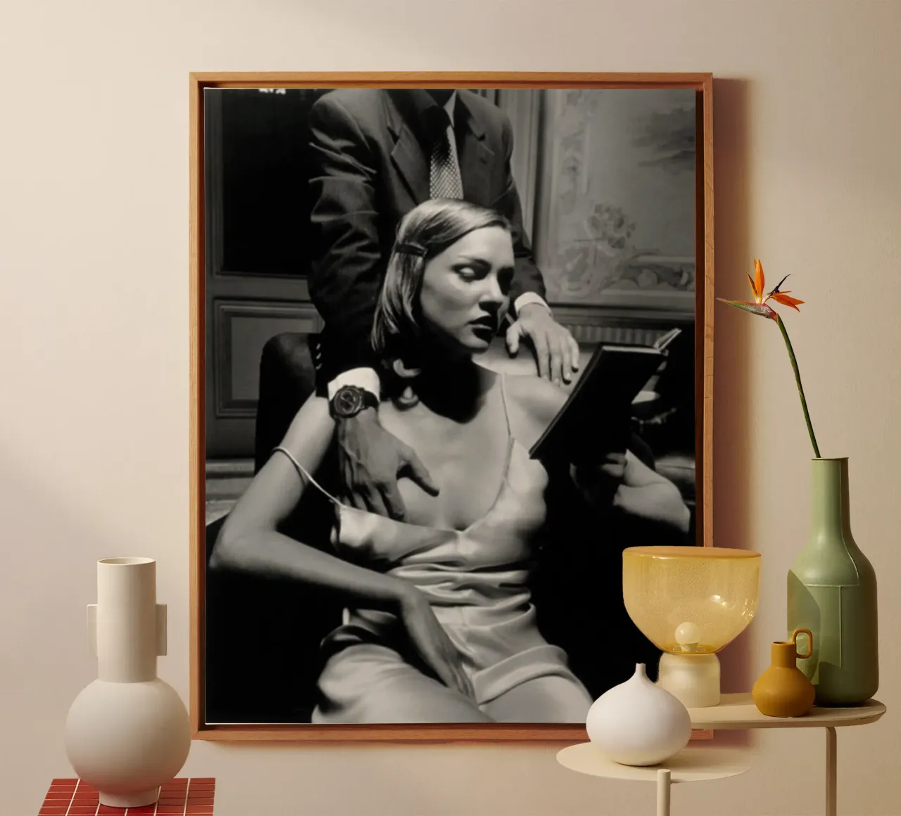 helmuts read a book canvas with Floater frame by Takeme