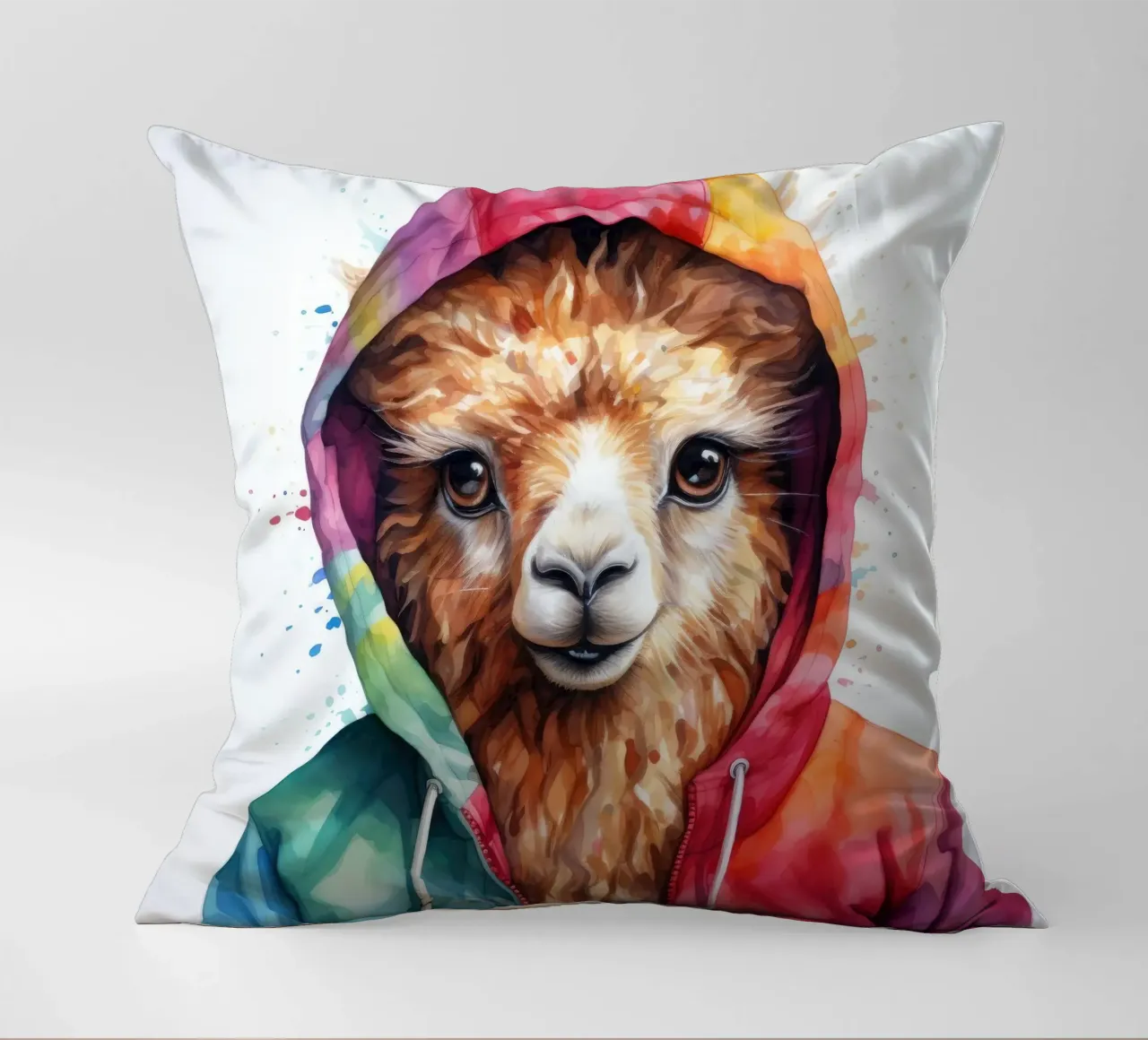 Lama acquerellato in felpa con cappuccio cuscino da Animal Portraits