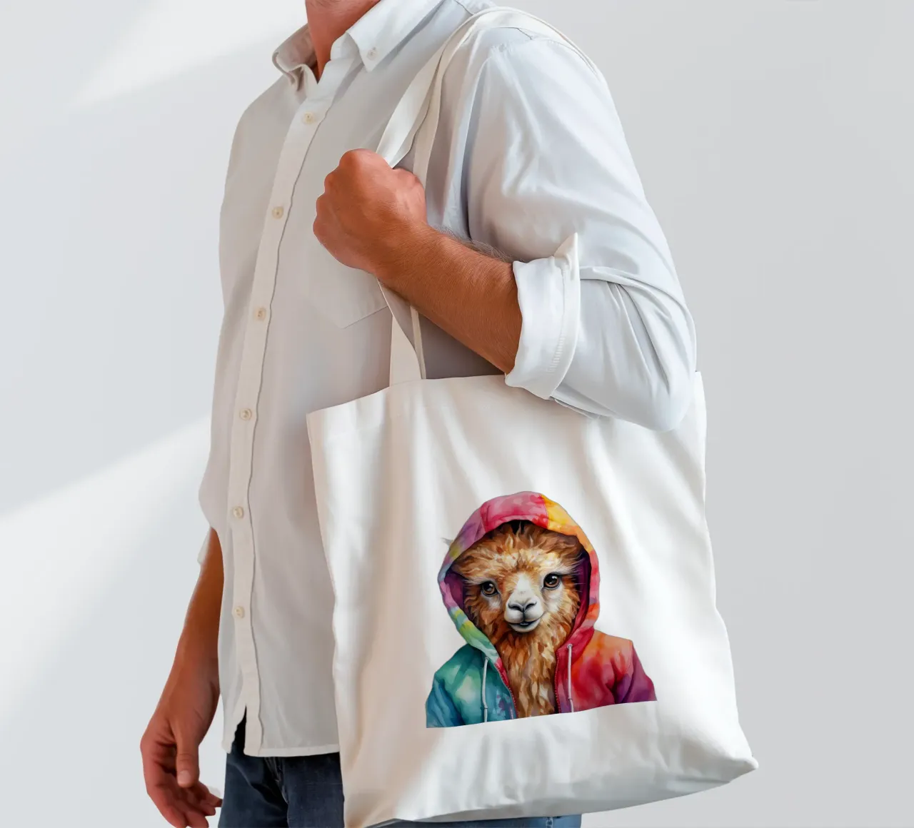 Lama acquerellato in felpa con cappuccio borsa in juta da Animal Portraits