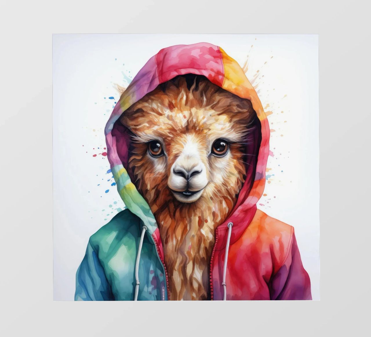 Lama acquerellato in felpa con cappuccio telo in pvc da Animal Portraits