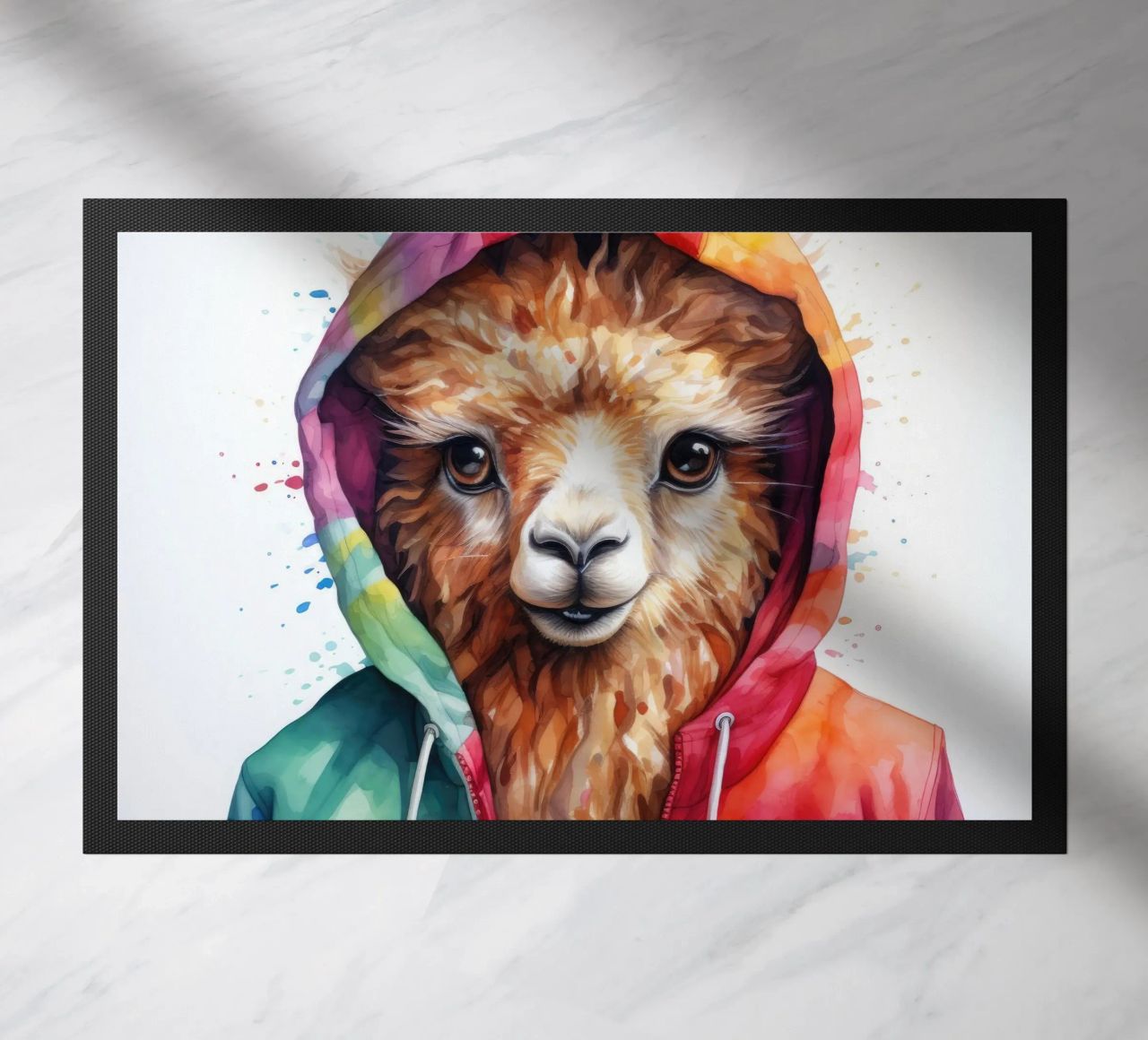 Lama acquerellato in felpa con cappuccio zerbino da Animal Portraits
