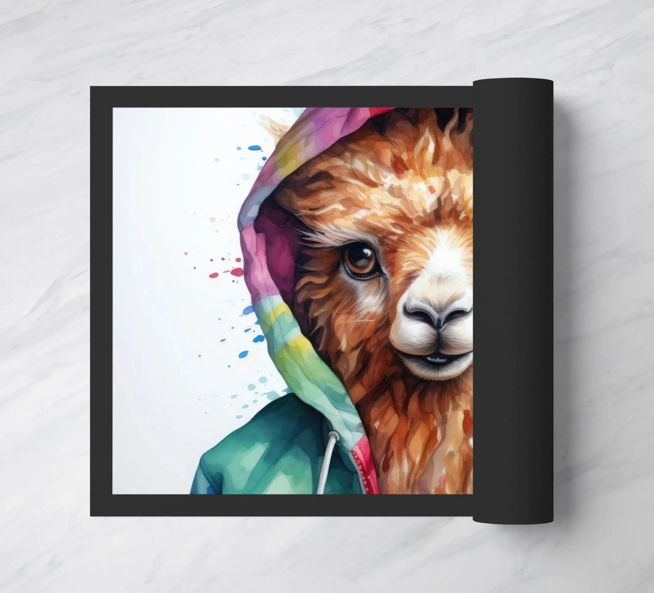 Lama acquerellato in felpa con cappuccio zerbino da Animal Portraits