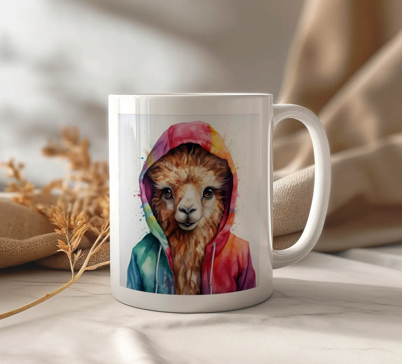 Watercolor Cartoon Llama in a Hoodie ceramic mug by Animal Portraits