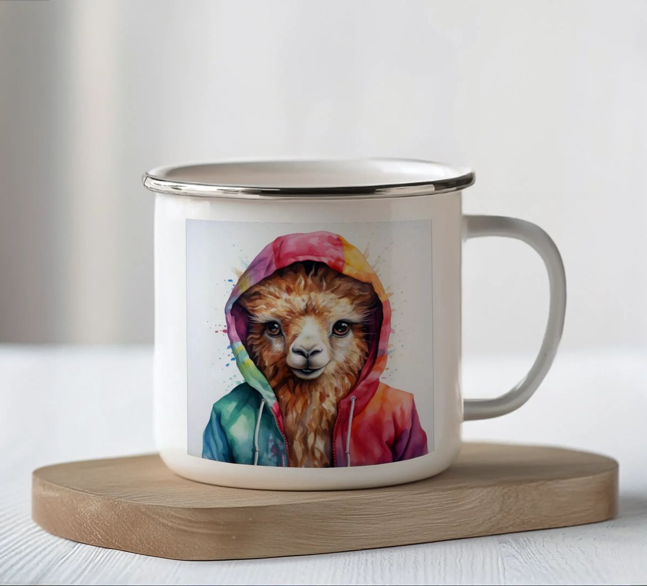 Lama acquerellato in felpa con cappuccio tazza in smalto da Animal Portraits