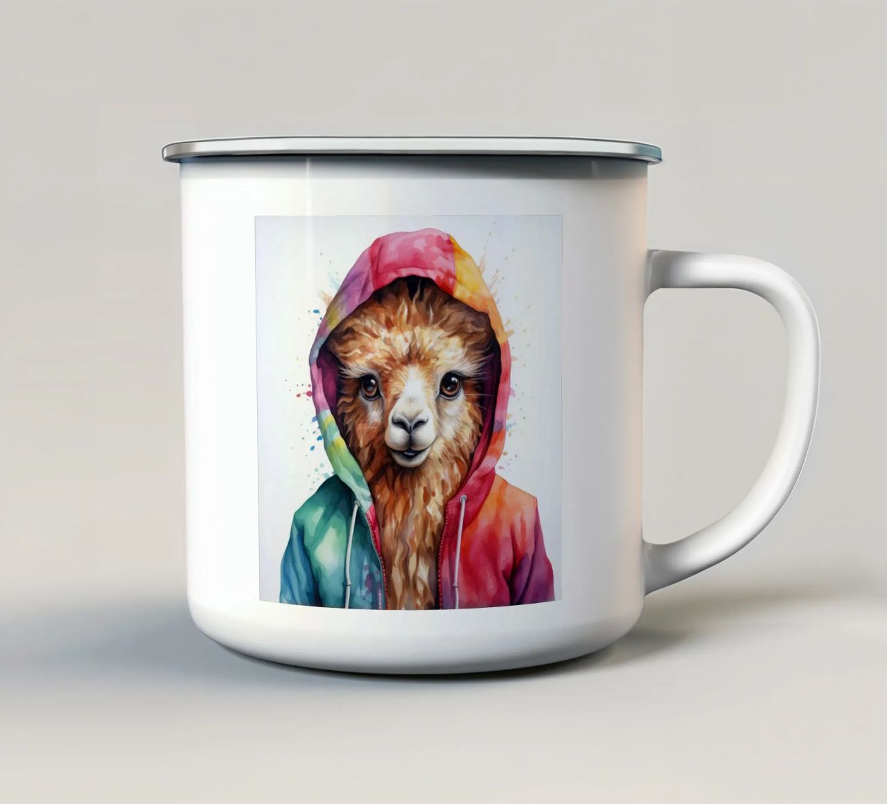 Lama acquerellato in felpa con cappuccio tazza in smalto da Animal Portraits