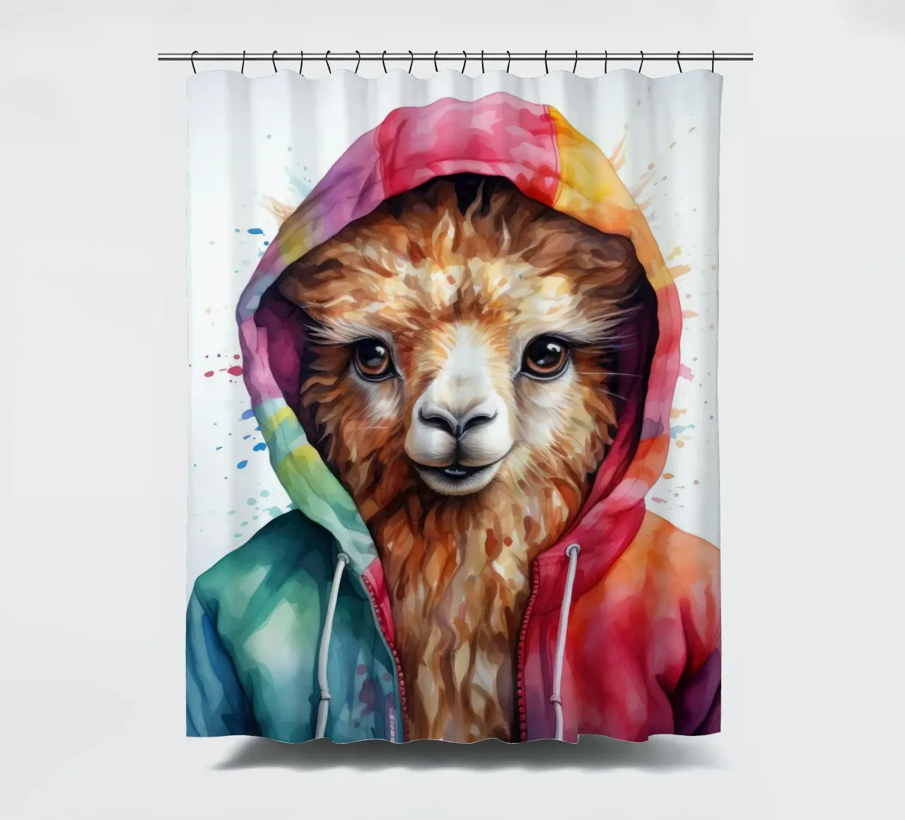 Lama acquerellato in felpa con cappuccio tenda da doccia da Animal Portraits