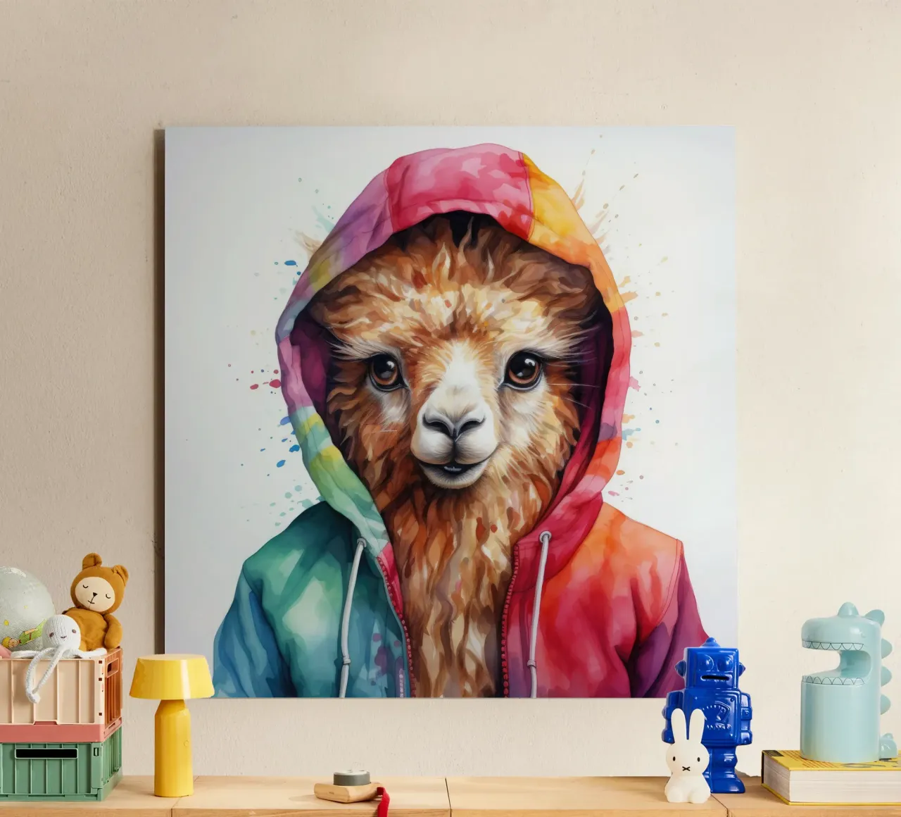Lama acquerellato in felpa con cappuccio alluminio dibond da Animal Portraits