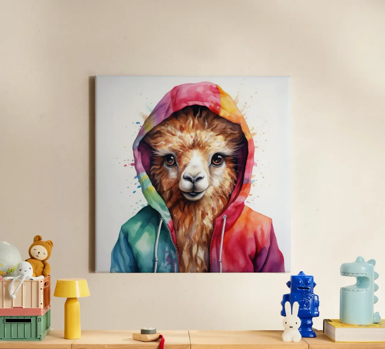 Lama acquerellato in felpa con cappuccio tela con Cornice a cassetta da Animal Portraits