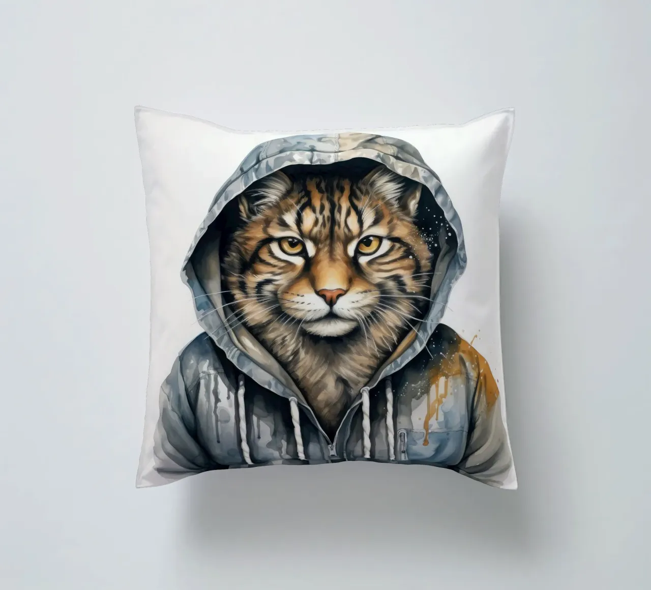 Acquerello Cartoon Lynx in felpa con cappuccio cuscino da Animal Portraits