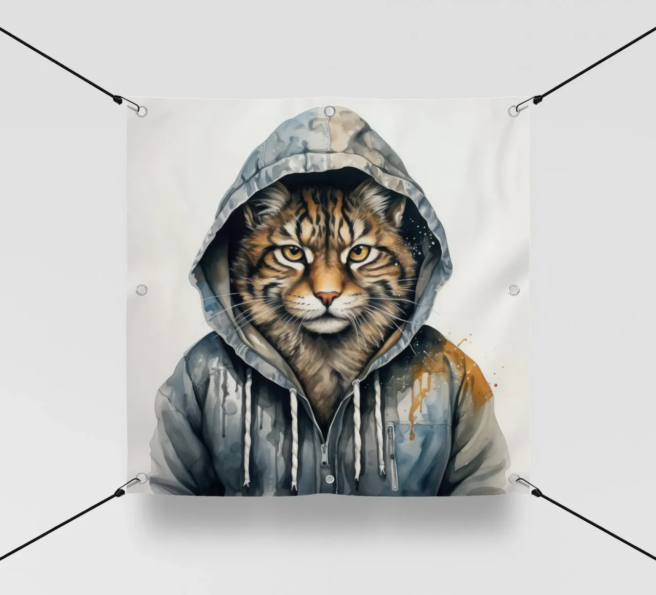 Acquerello Cartoon Lynx in felpa con cappuccio telo in pvc da Animal Portraits