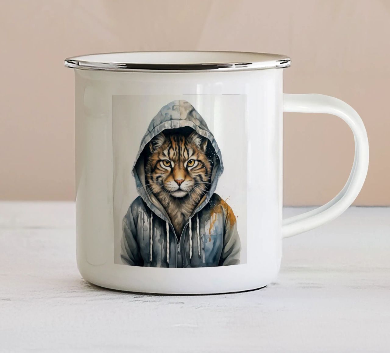 Acquerello Cartoon Lynx in felpa con cappuccio tazza in smalto da Animal Portraits