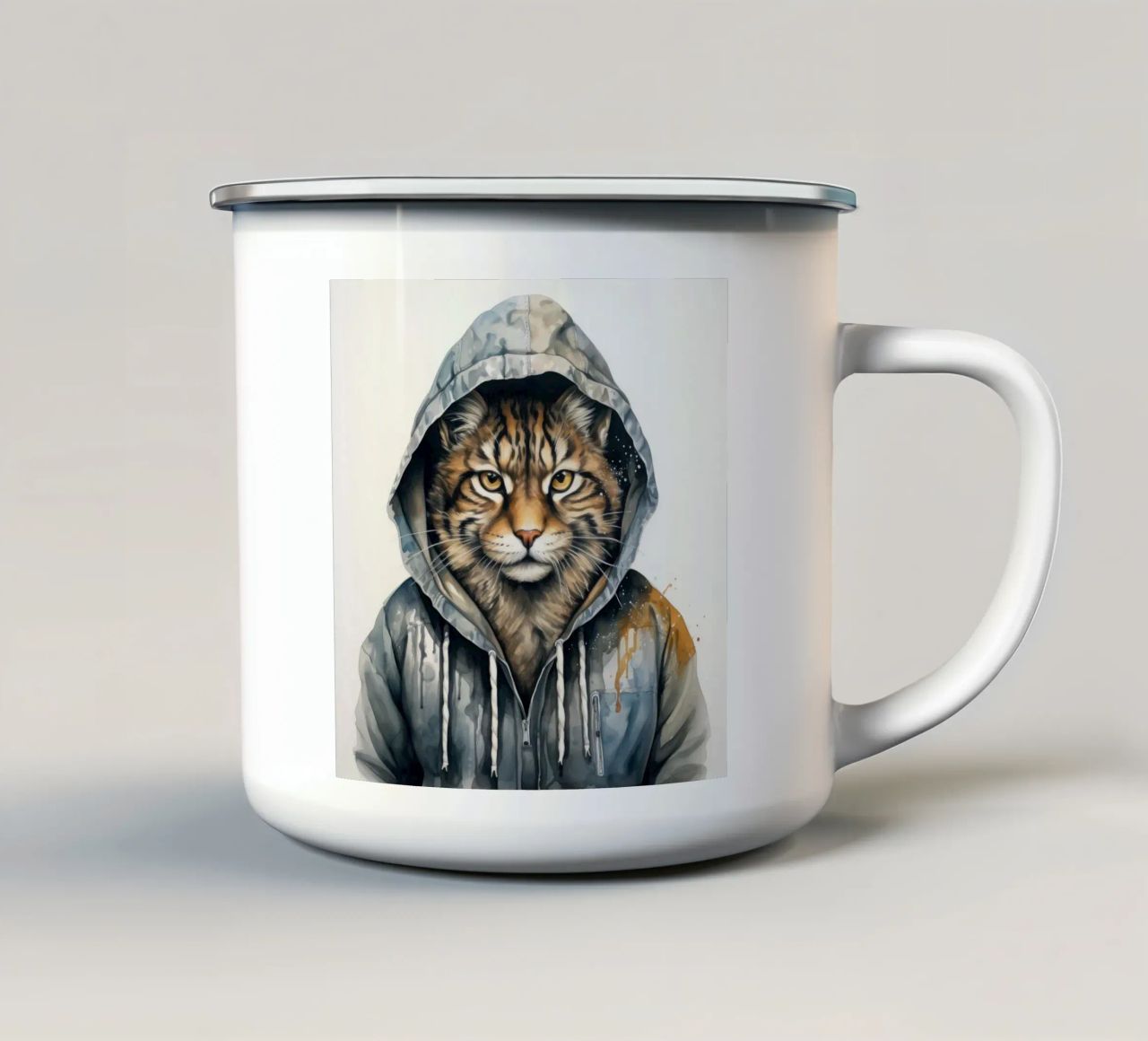 Acquerello Cartoon Lynx in felpa con cappuccio tazza in smalto da Animal Portraits