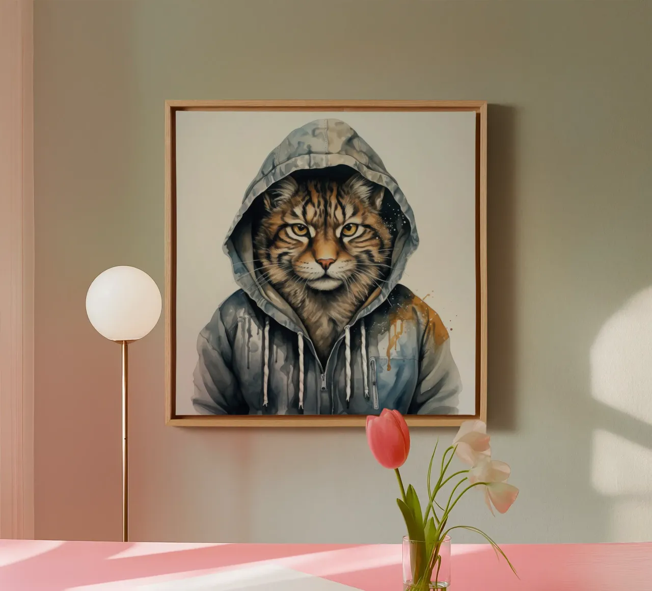 Acquerello Cartoon Lynx in felpa con cappuccio tela con Cornice a cassetta da Animal Portraits
