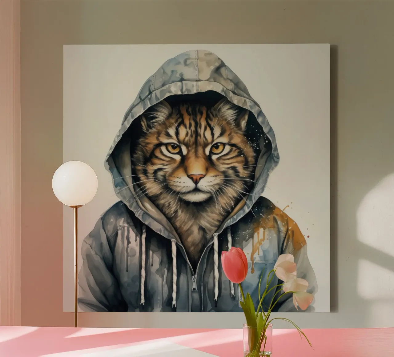 Acquerello Cartoon Lynx in felpa con cappuccio tela con Cornice a cassetta da Animal Portraits
