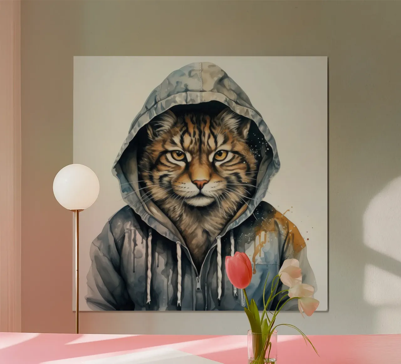Acquerello Cartoon Lynx in felpa con cappuccio carta hahnemühle da Animal Portraits