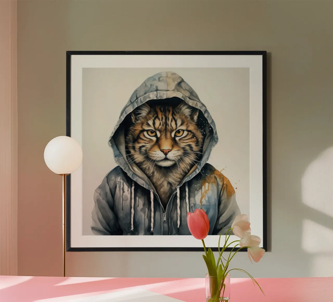 Acquerello Cartoon Lynx in felpa con cappuccio carta hahnemühle da Animal Portraits