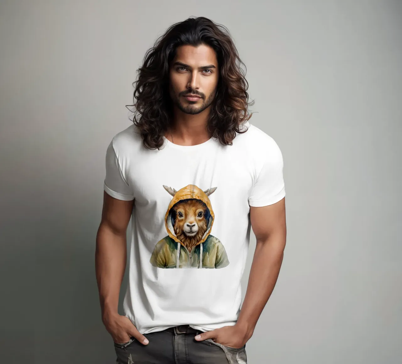Cartone animato acquerellato Markhor in felpa con cappuccio t-shirt da Animal Portraits