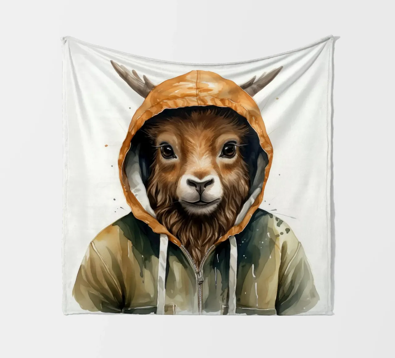 Cartone animato acquerellato Markhor in felpa con cappuccio coperta in pile da Animal Portraits