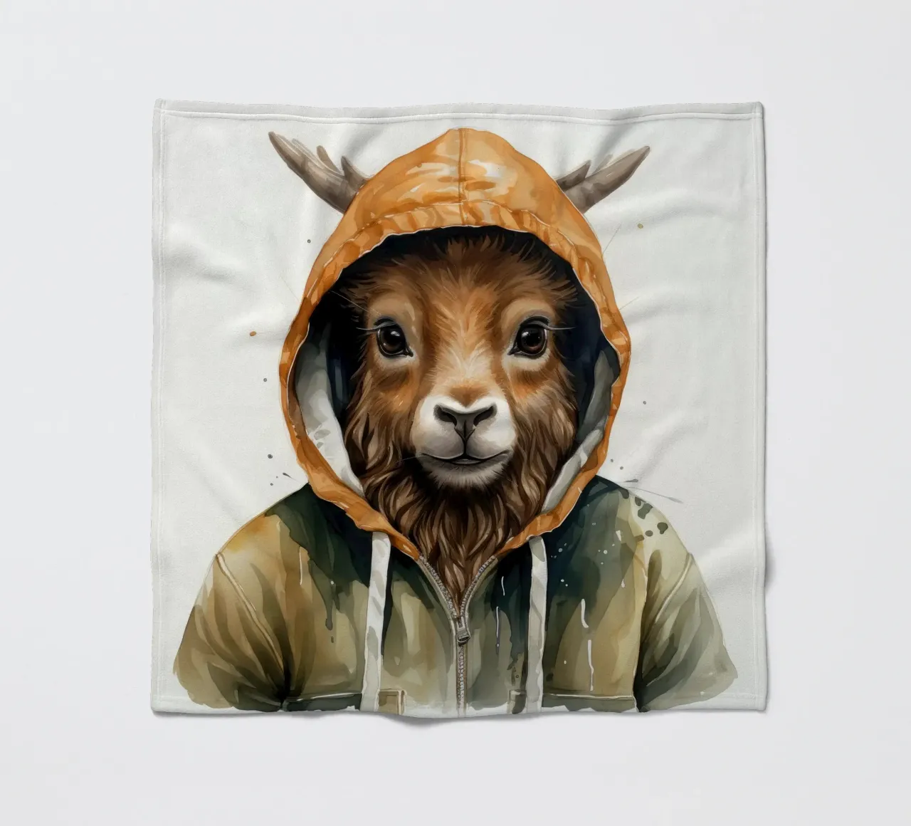 Cartone animato acquerellato Markhor in felpa con cappuccio coperta in pile da Animal Portraits