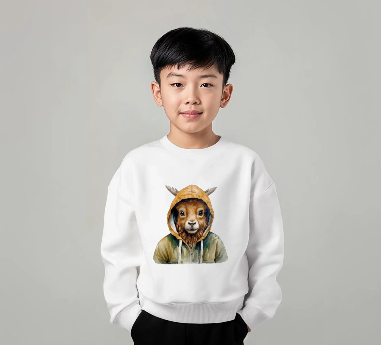 Aquarel Cartoon Markhor in een Hoodie kinder sweatshirt van Animal Portraits