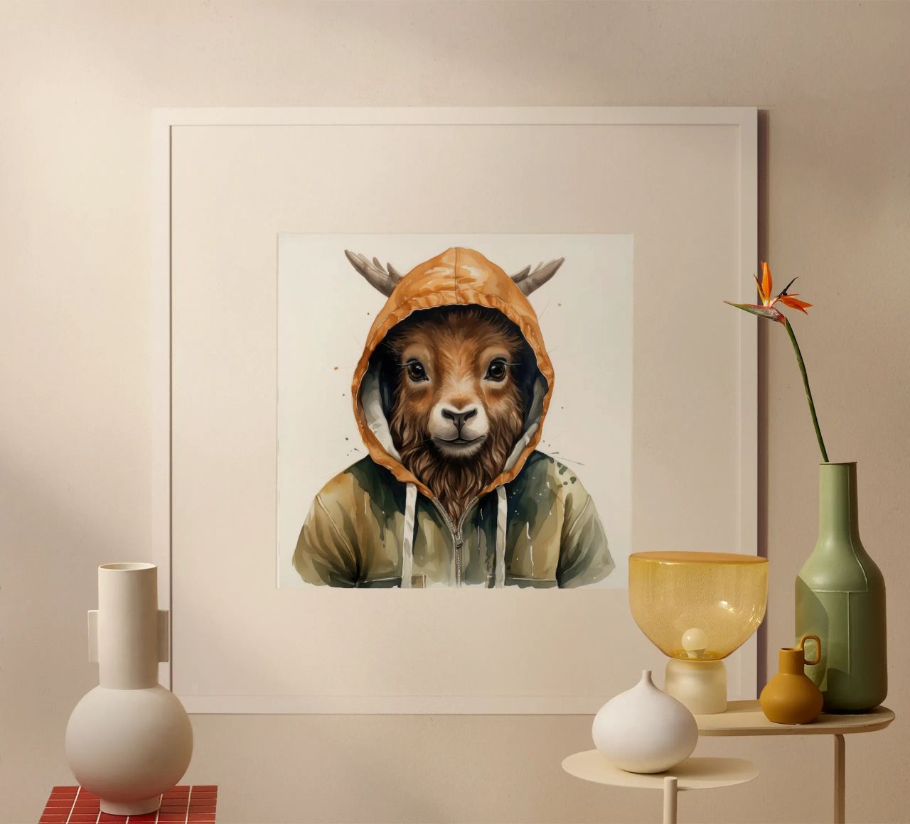 Aquarelle Cartoon Markhor dans un sweat à capuche hahnemühle de Animal Portraits