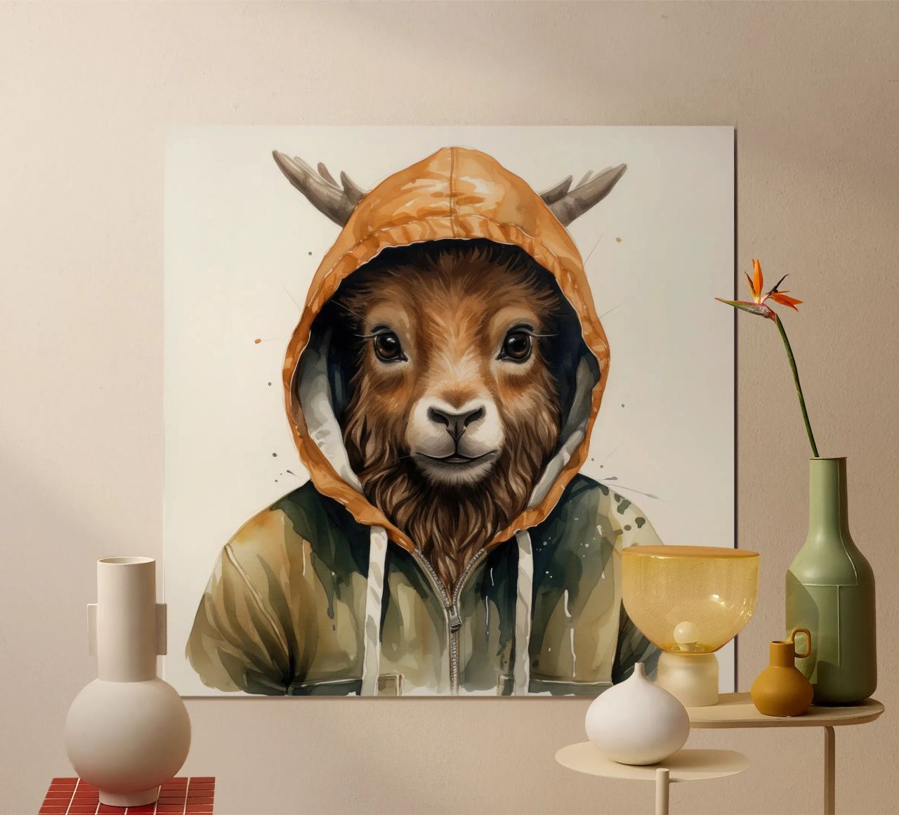 Aquarelle Cartoon Markhor dans un sweat à capuche hahnemühle de Animal Portraits