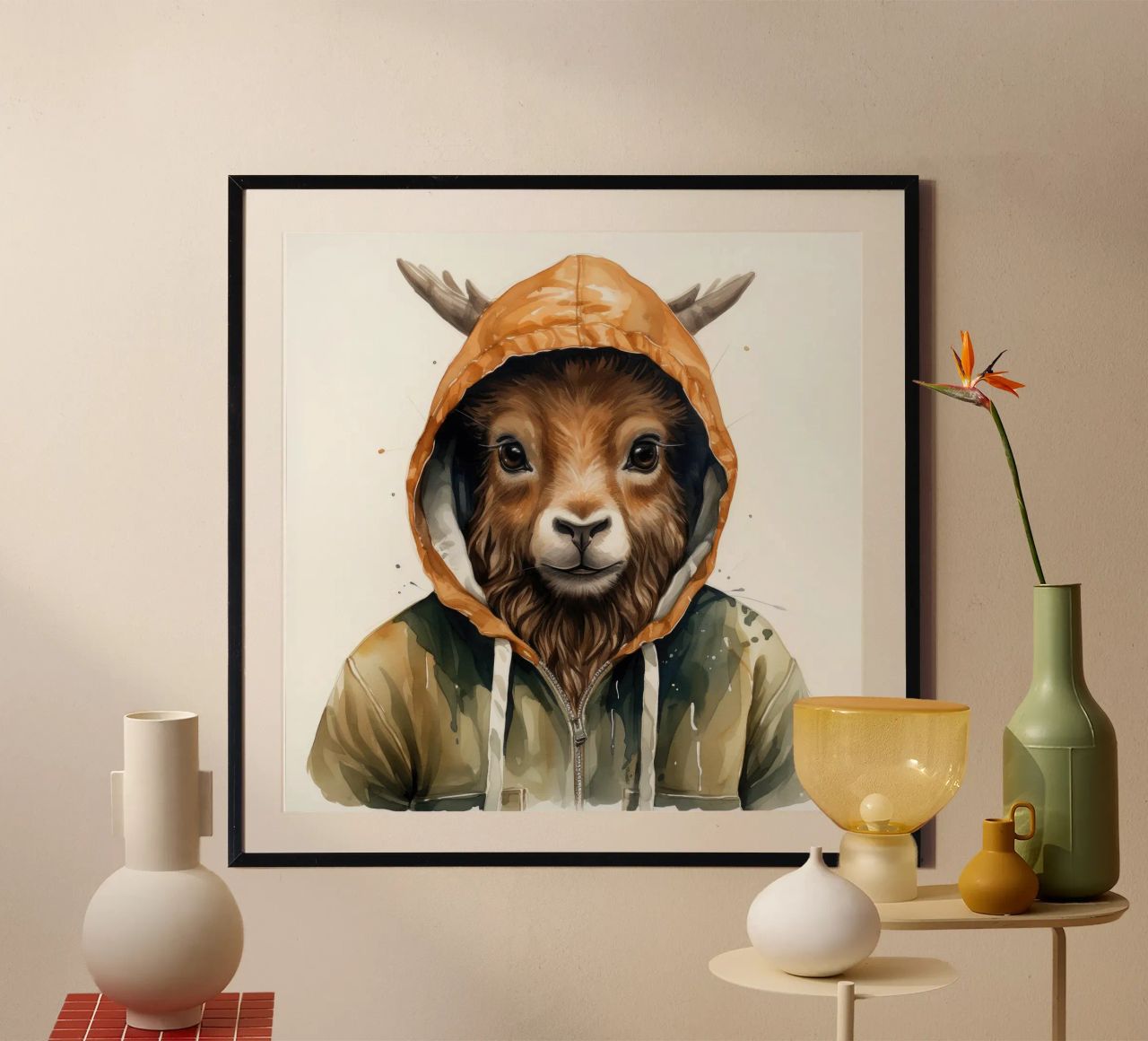 Aquarelle Cartoon Markhor dans un sweat à capuche hahnemühle de Animal Portraits