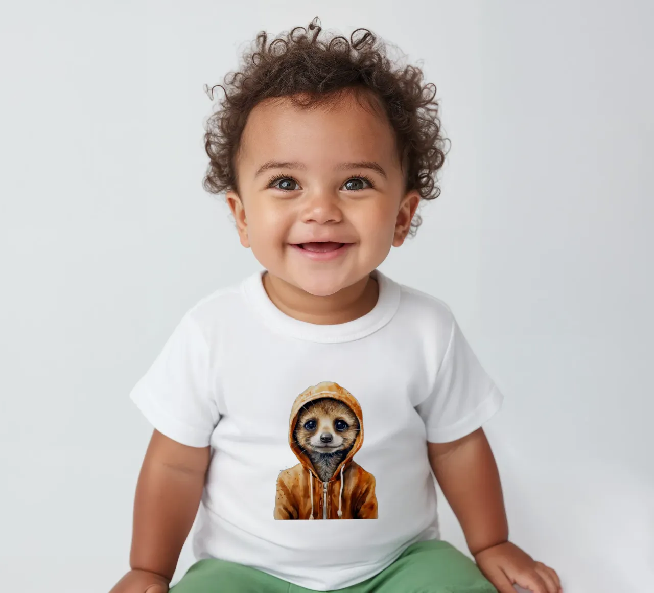 Meerkat con cappuccio in un cartone animato acquerellato maglietta neonato da Animal Portraits