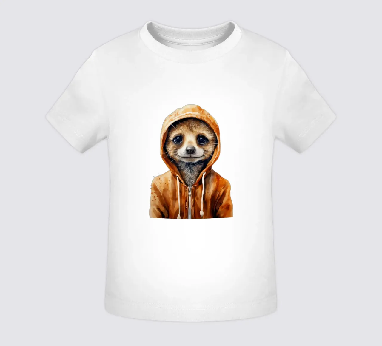 Meerkat con cappuccio in un cartone animato acquerellato maglietta neonato da Animal Portraits