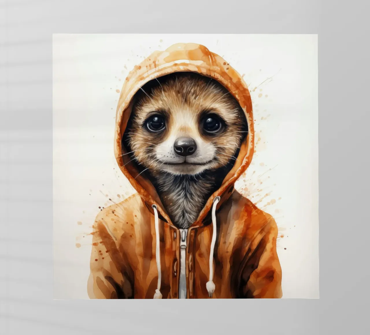 Meerkat con cappuccio in un cartone animato acquerellato pellicola backlit da Animal Portraits