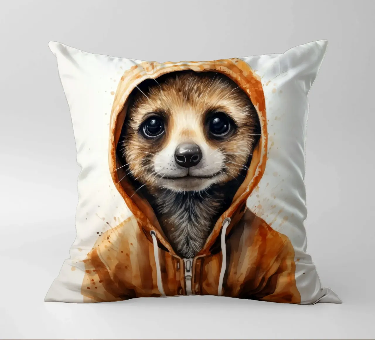 Meerkat con cappuccio in un cartone animato acquerellato cuscino da Animal Portraits
