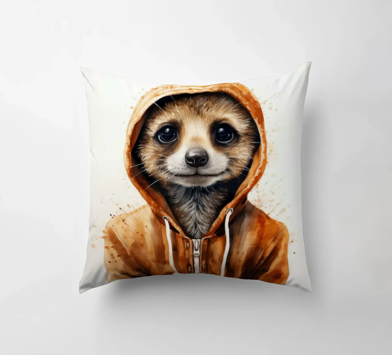 Meerkat con cappuccio in un cartone animato acquerellato cuscino da Animal Portraits