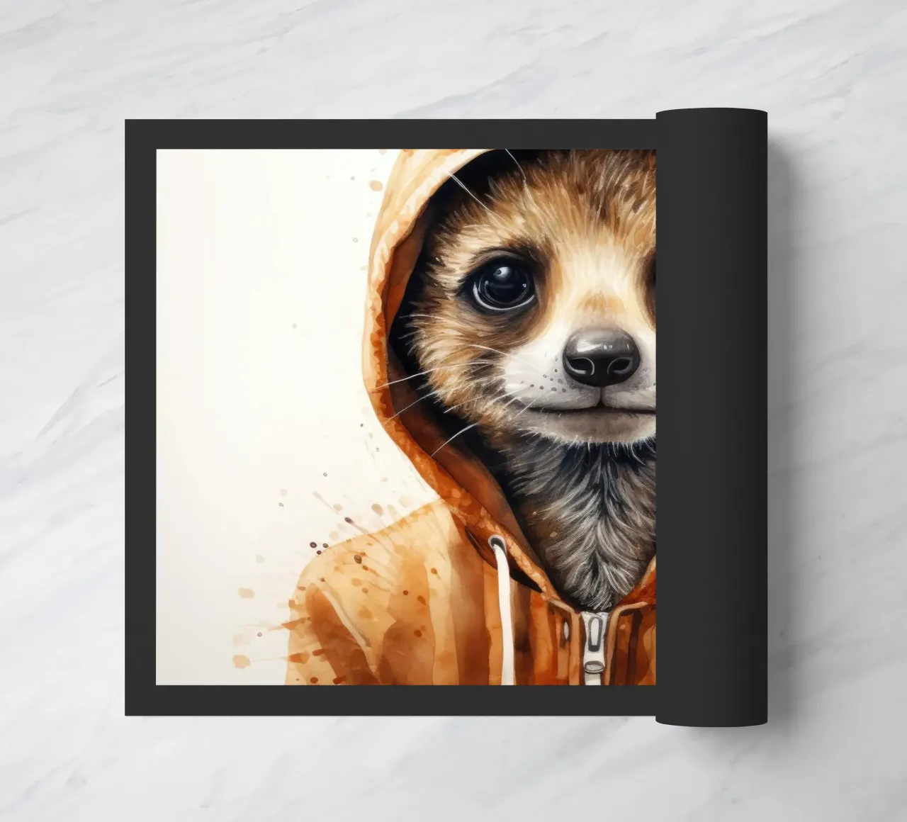 Meerkat con cappuccio in un cartone animato acquerellato zerbino da Animal Portraits