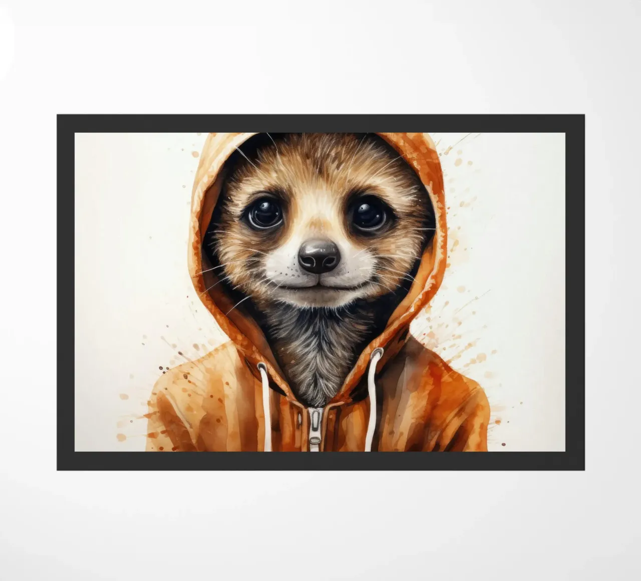 Meerkat con cappuccio in un cartone animato acquerellato zerbino da Animal Portraits