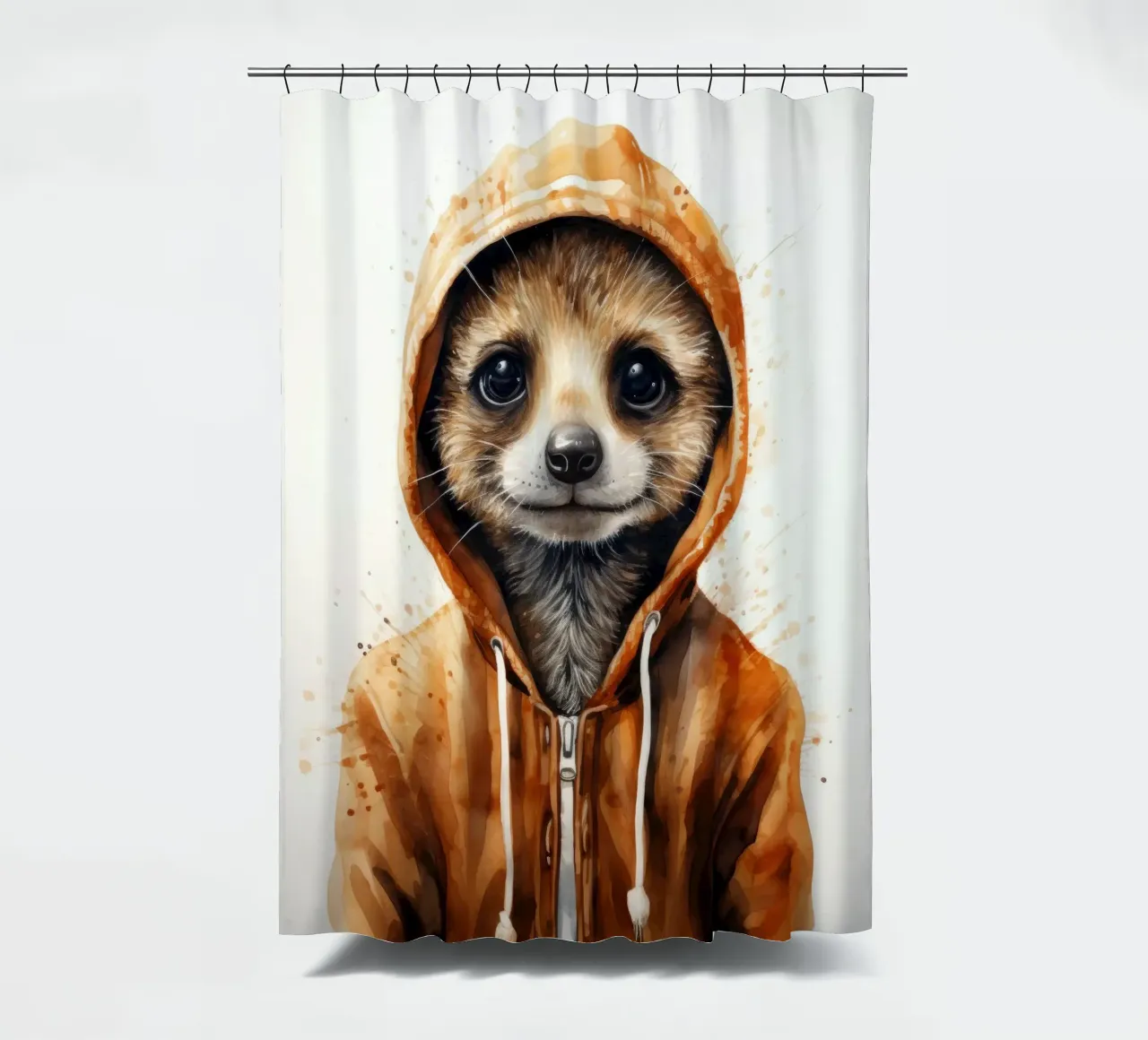 Meerkat con cappuccio in un cartone animato acquerellato tenda da doccia da Animal Portraits