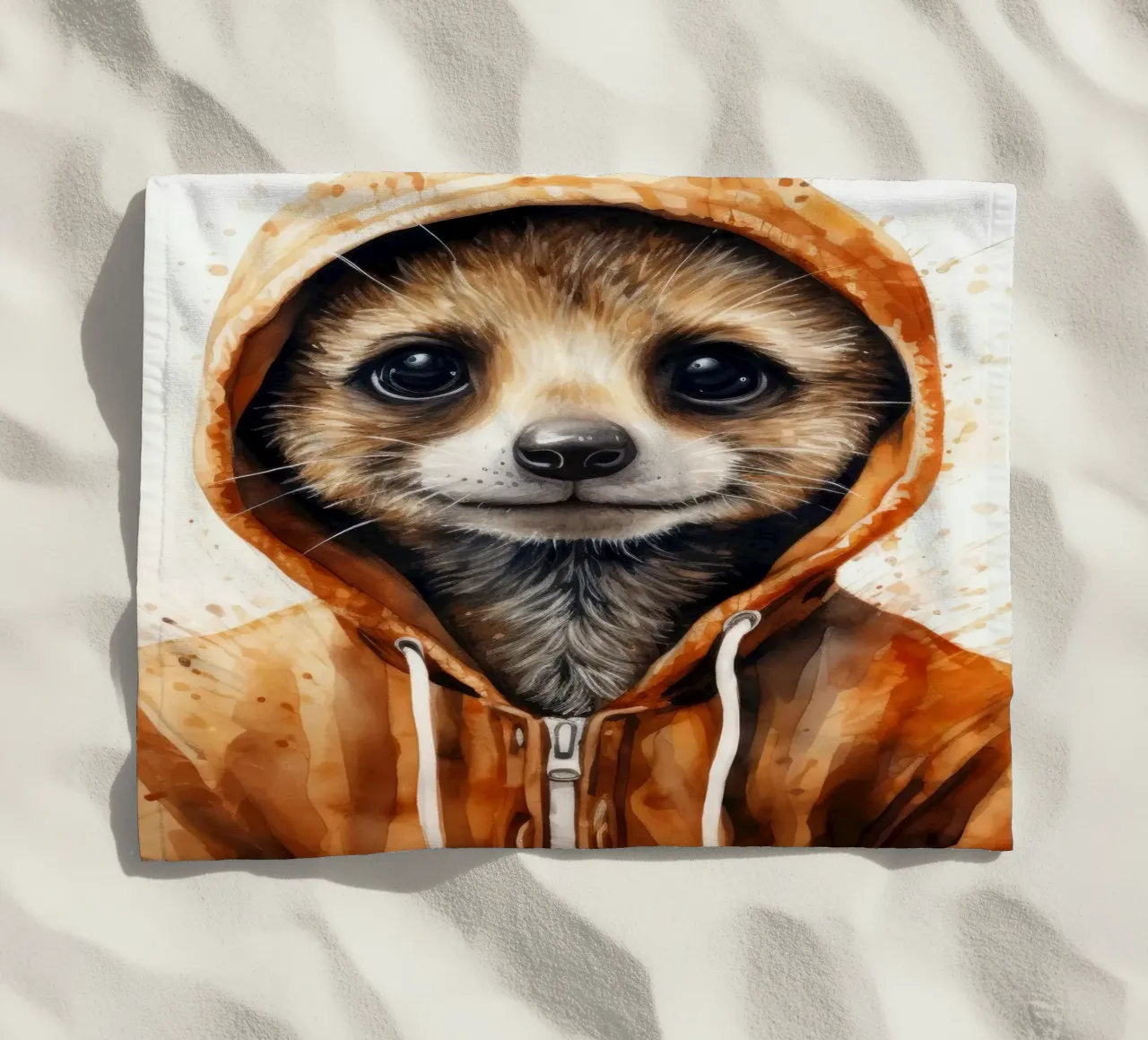 Meerkat con cappuccio in un cartone animato acquerellato telo mare da Animal Portraits