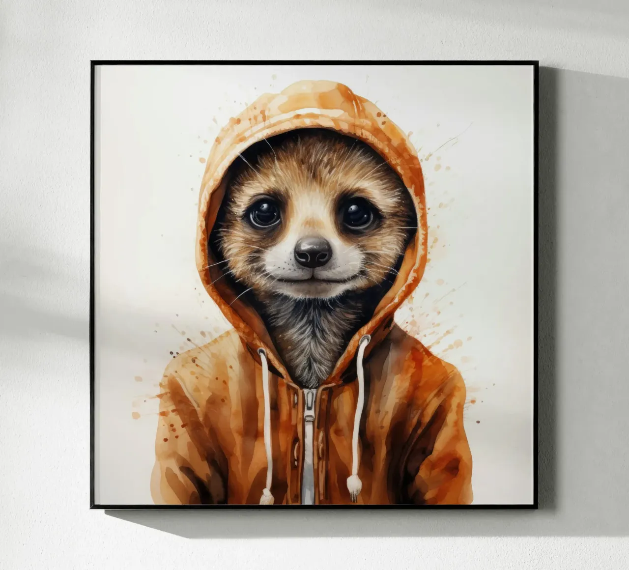 Meerkat con cappuccio in un cartone animato acquerellato plexiglass da Animal Portraits