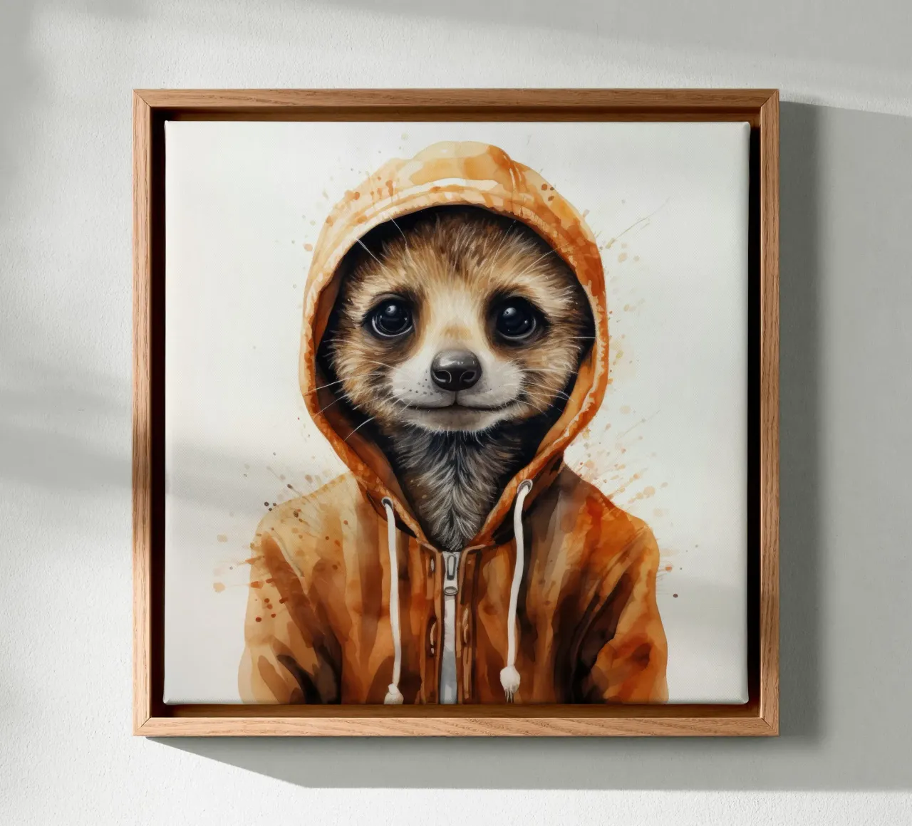 Meerkat con cappuccio in un cartone animato acquerellato tela con Cornice a cassetta da Animal Portraits