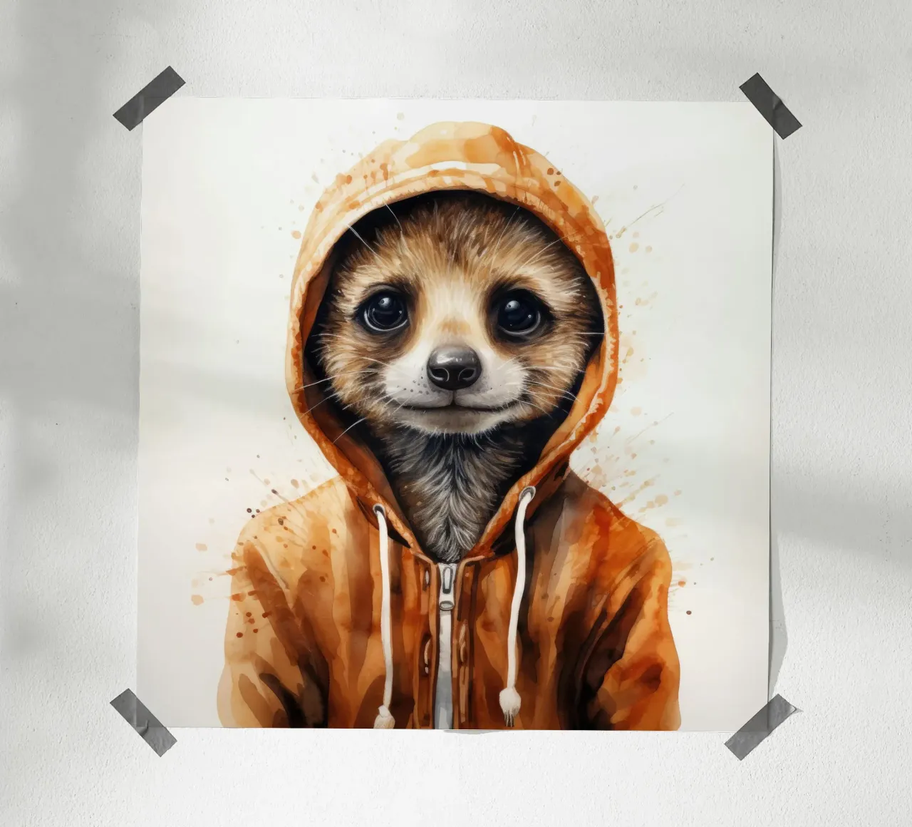 Meerkat con cappuccio in un cartone animato acquerellato carta hahnemühle da Animal Portraits