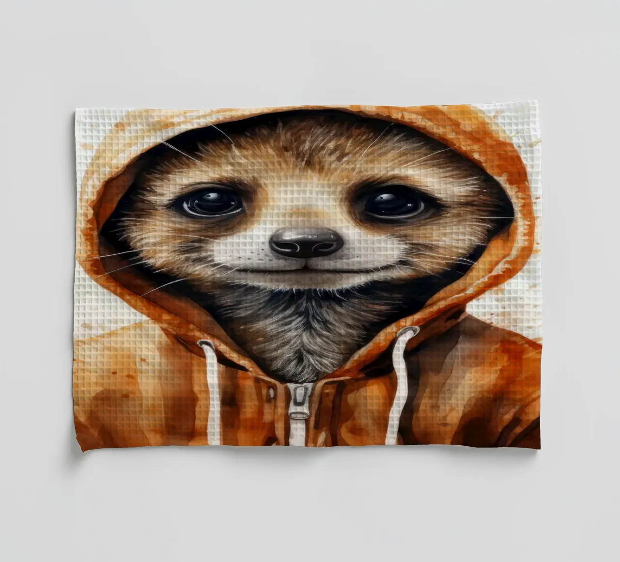 Meerkat con cappuccio in un cartone animato acquerellato canovaccio da cucina da Animal Portraits