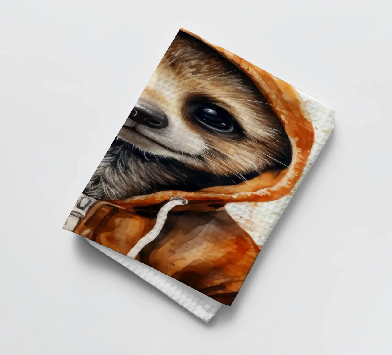 Meerkat con cappuccio in un cartone animato acquerellato canovaccio da cucina da Animal Portraits