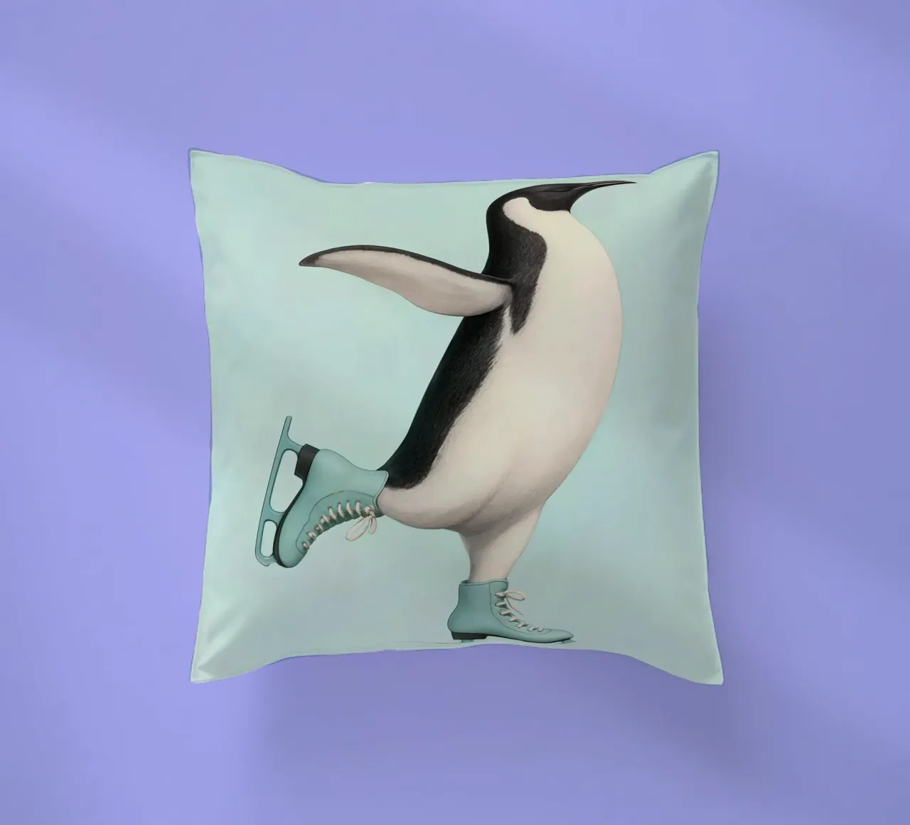 Penguin Dancing on Ice Skates – Winter Joy in Mint Green decorative cushion by Lootprint