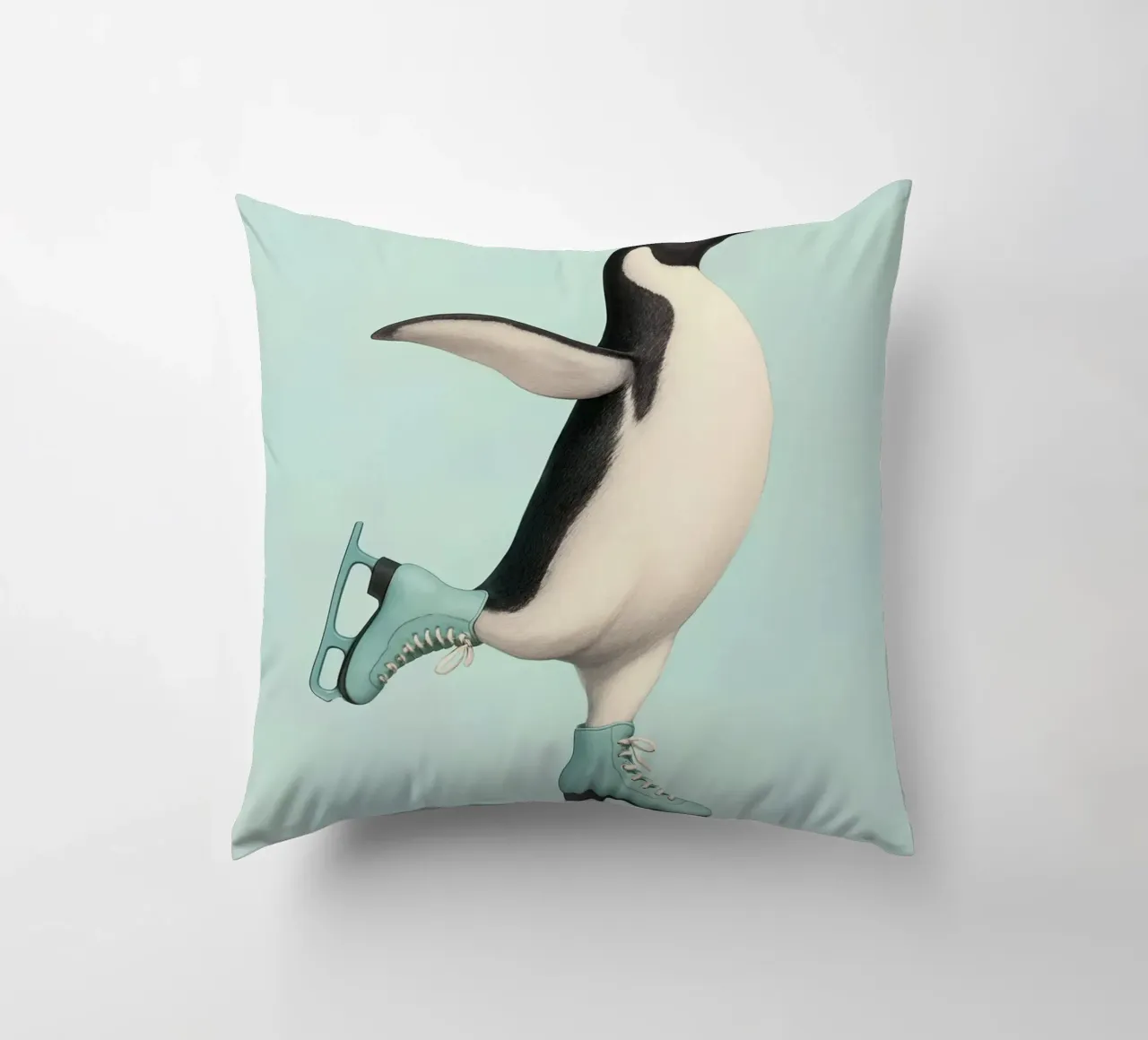 Penguin Dancing on Ice Skates – Winter Joy in Mint Green decorative cushion by Lootprint