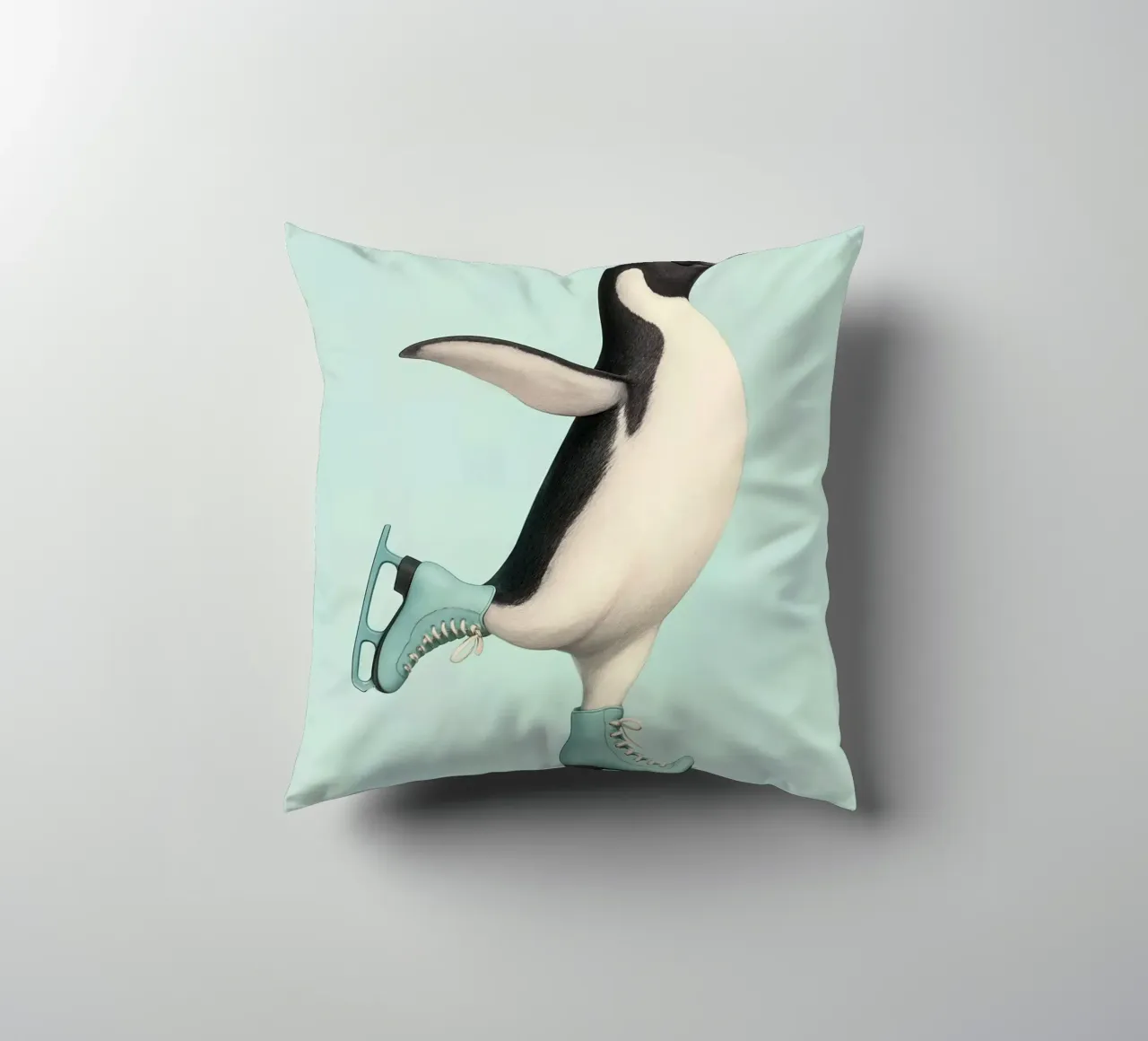 Penguin Dancing on Ice Skates – Winter Joy in Mint Green decorative cushion by Lootprint