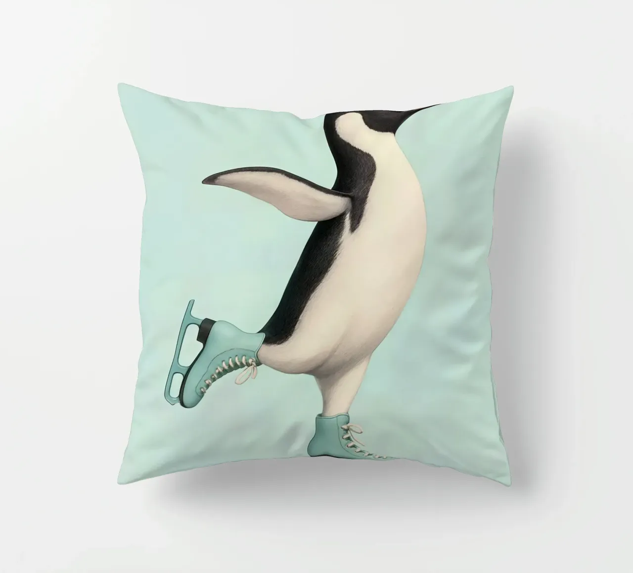 Penguin Dancing on Ice Skates – Winter Joy in Mint Green decorative cushion by Lootprint