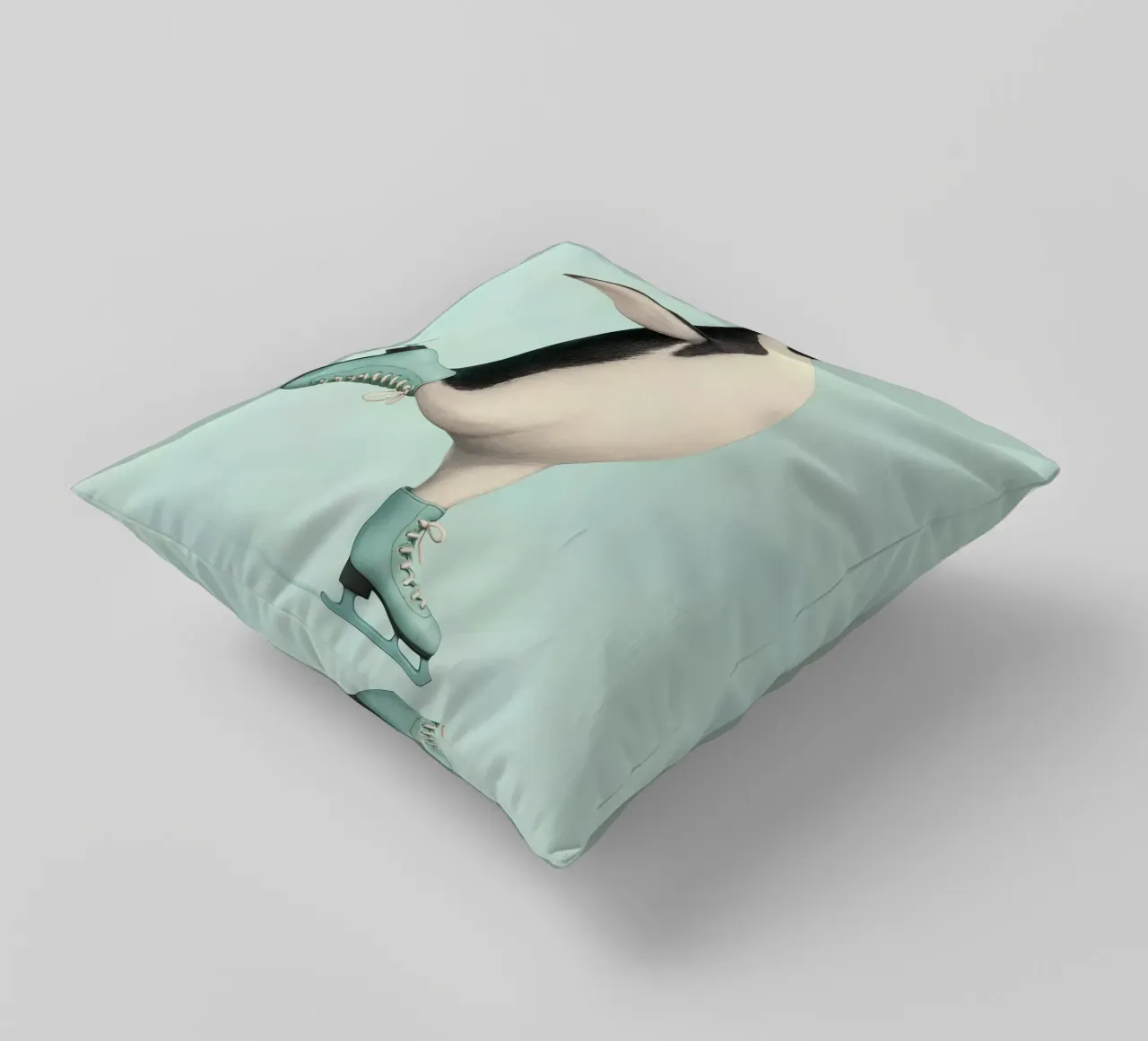 Penguin Dancing on Ice Skates – Winter Joy in Mint Green decorative cushion by Lootprint